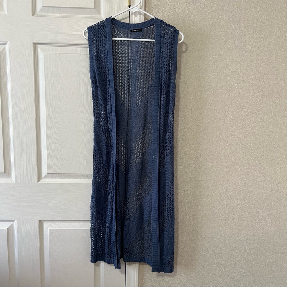 Luv & Bloom Blue Open Knit Longline Sleeveless Cardigan Duster
